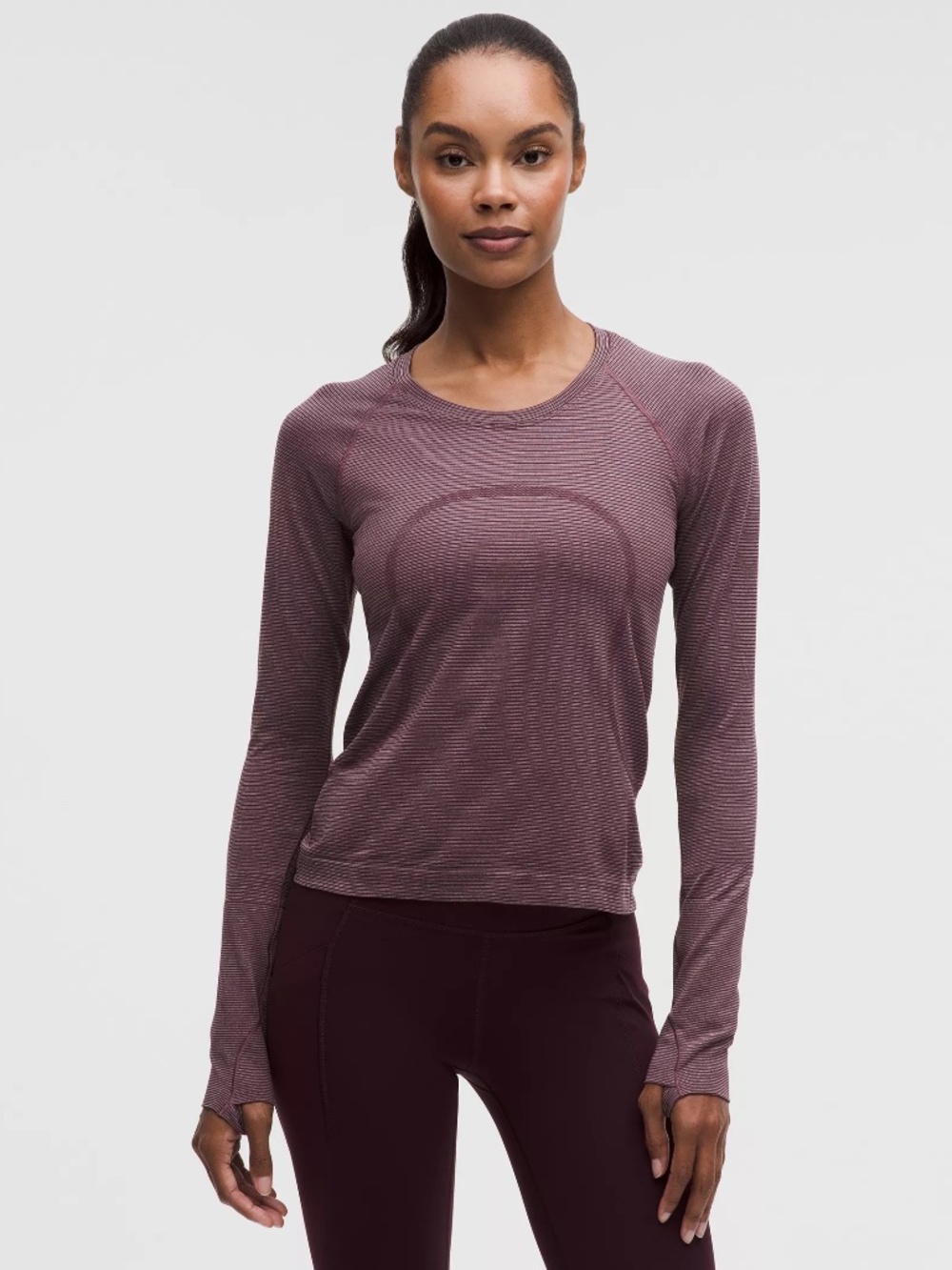Lululemon Swiftly Tech Long-Sleeve Shirt 2.0 *Waist Length Spandex Stripe Plum 8